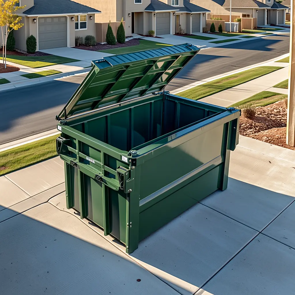 Dumpster rental container at a Fullerton property serving a local cleanup project