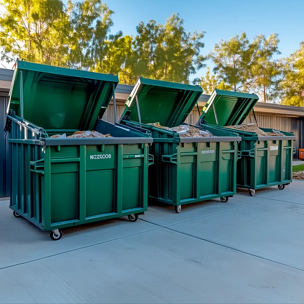 Different dumpster sizes at a Fullerton property showing options that can affect dumpster rental prices